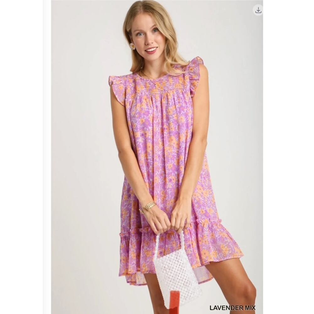 UMGEE - FLORAL METALLIC FLUTTER SLEEVE SRESS W/SMOCKED DETAIL / LINING - Large - Picture 2 of 4